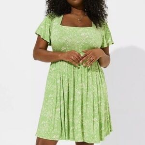torrid Light Green Floral Super Soft Mini Skater Flutter Sleeve Dress